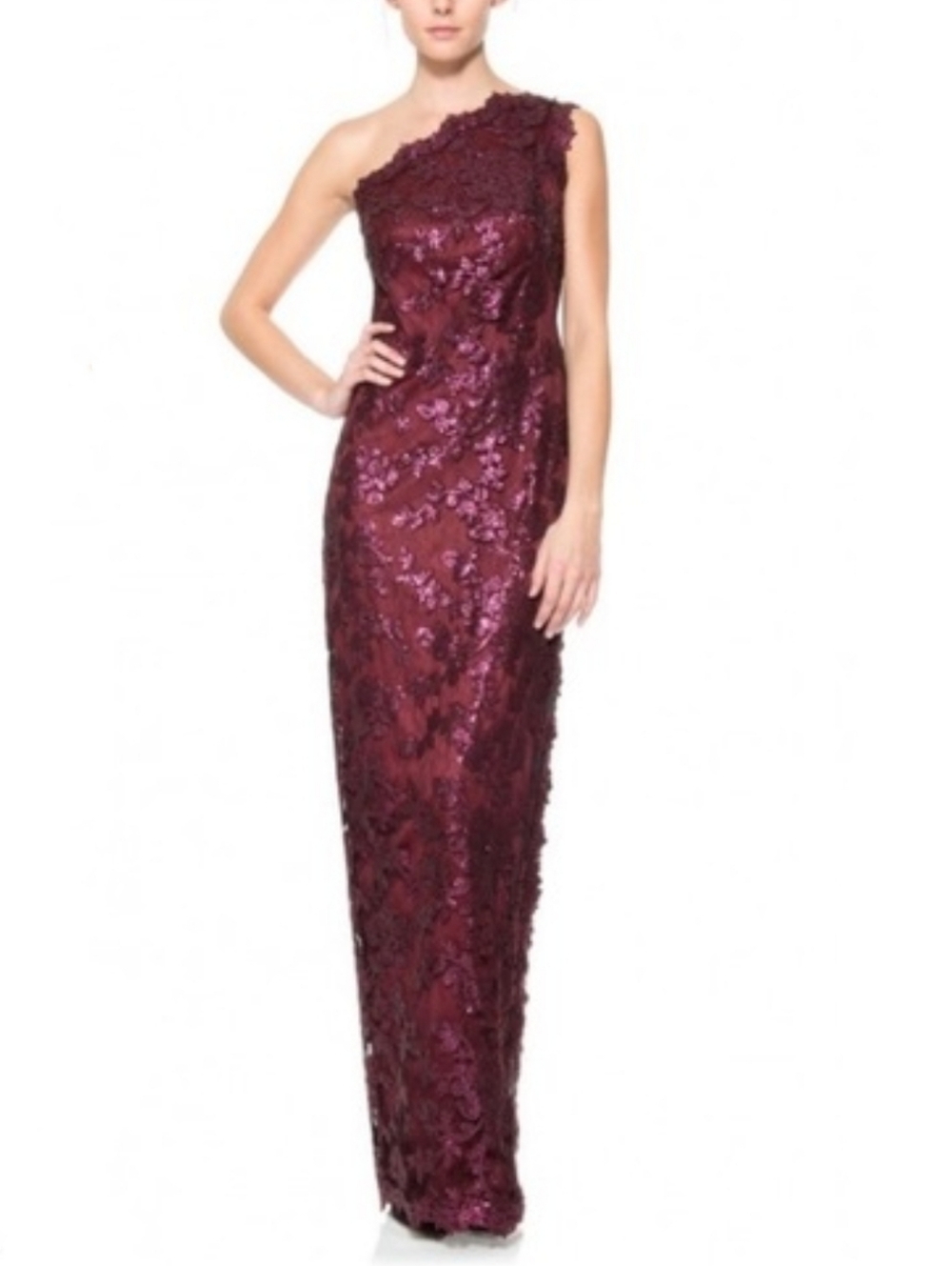 NWT Tadashi Shoji Sequin One Shoulder Auburn Wine Maxi Column Dress